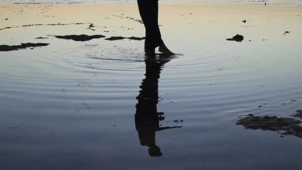 Reflectie van een persoon beoefent Qigong oefeningen bij zonsondergang zee — Stockvideo