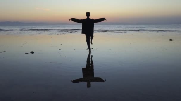 Silhouette dell'uomo che pratica esercizi di qigong lavorando con energia al tramonto — Video Stock