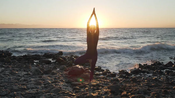 Flexible chica caucásica haciendo yoga en el árbol asana en la orilla del mar al atardecer . —  Fotos de Stock