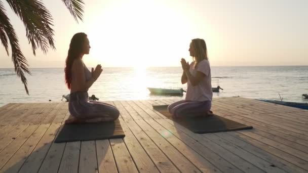 Gün batımında deniz kenarında meditasyon yapan iki kadının silueti. — Stok video