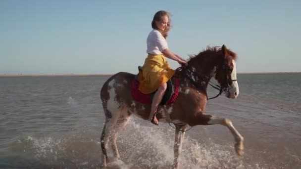 Meisje te paard, paard slaat hoeven in het water, het creëren van een spray slow motion — Stockvideo