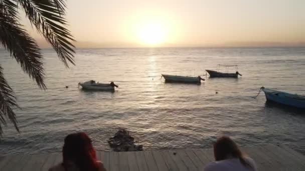 Två kvinnor utövar yoga vid piren vid havet vid solnedgången — Stockvideo