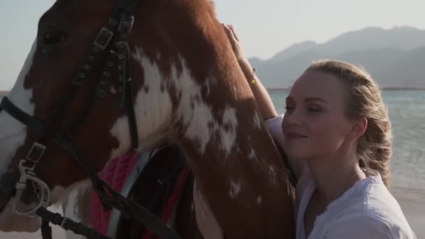 Menina caucasiana acariciando e abraçando um cavalo na costa do mar ao nascer do sol câmera lenta — Vídeo de Stock