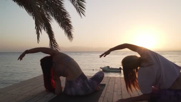 Bakifrån av kvinnor som stretchar yoga vid havet vid solnedgången — Stockvideo