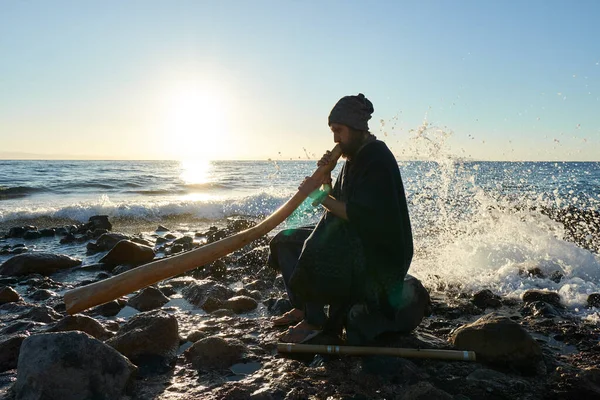 Deniz kıyısında gün ışığında jireedoo çalan bir adamın silueti.