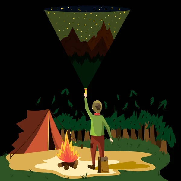 Un giovane uomo si trova nel mezzo di una radura con una lanterna e guarda il cielo. Campo forestale notturno con falò . — Vettoriale Stock