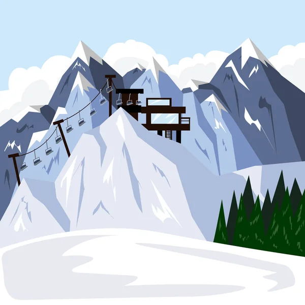 Winter ski resort with a cable car and a holiday house. Illustration in flat style — 스톡 벡터