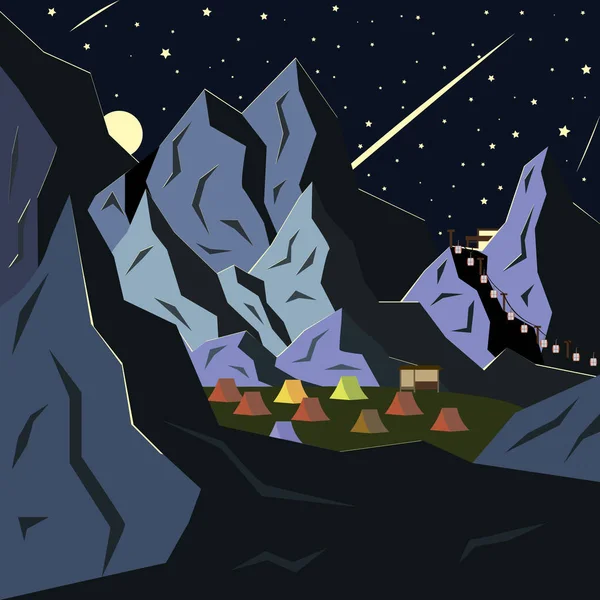 Paisaje de montaña, camping y estrellas fugaces. Ilustración vectorial en un estilo plano . — Vector de stock