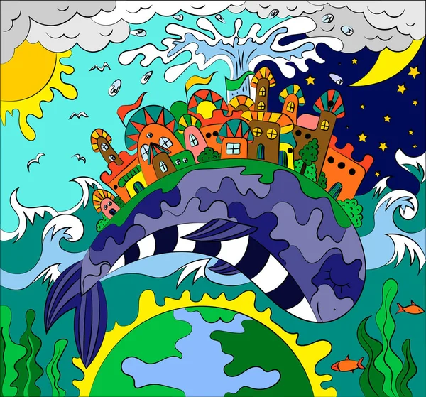 在鲸鱼的背上画了一个城市的童话故事。 地球日日夜夜. — 图库矢量图片