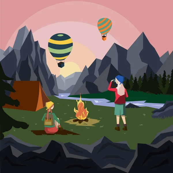 Young girls are resting by the fire. Mountain landscape and balloons in the sky. Illustration in a flat style. — Stock Vector