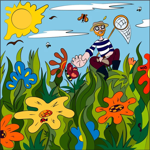 Helder bloemenveld en een bebaarde man met een vlindernet. Abstracte vector illustratie in heldere kleuren. — Stockvector