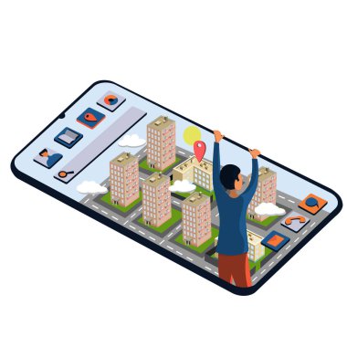 Bir adam telefonun içine düşüyor, kenarda asılı bir şekilde, şehir haritasında. Navigasyon haritası ve diğer uygulamalar.