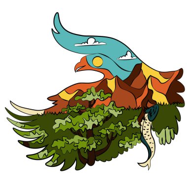 İçinde kartal ve doğa olan bir siluet şeklinde grafiksel çizimler. Göl ve ormanlı dağ manzarası. Tişörtler, siperler ve kapaklar için resim.