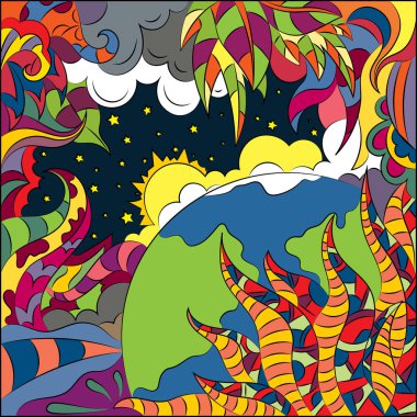 Doğa ve bitkilerin elementleriyle karalama tarzında soyut illüstrasyon.