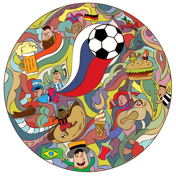 Dibujo abstracto en un marco redondo sobre un tema de fútbol y el campeonato mundial . — Vector de stock