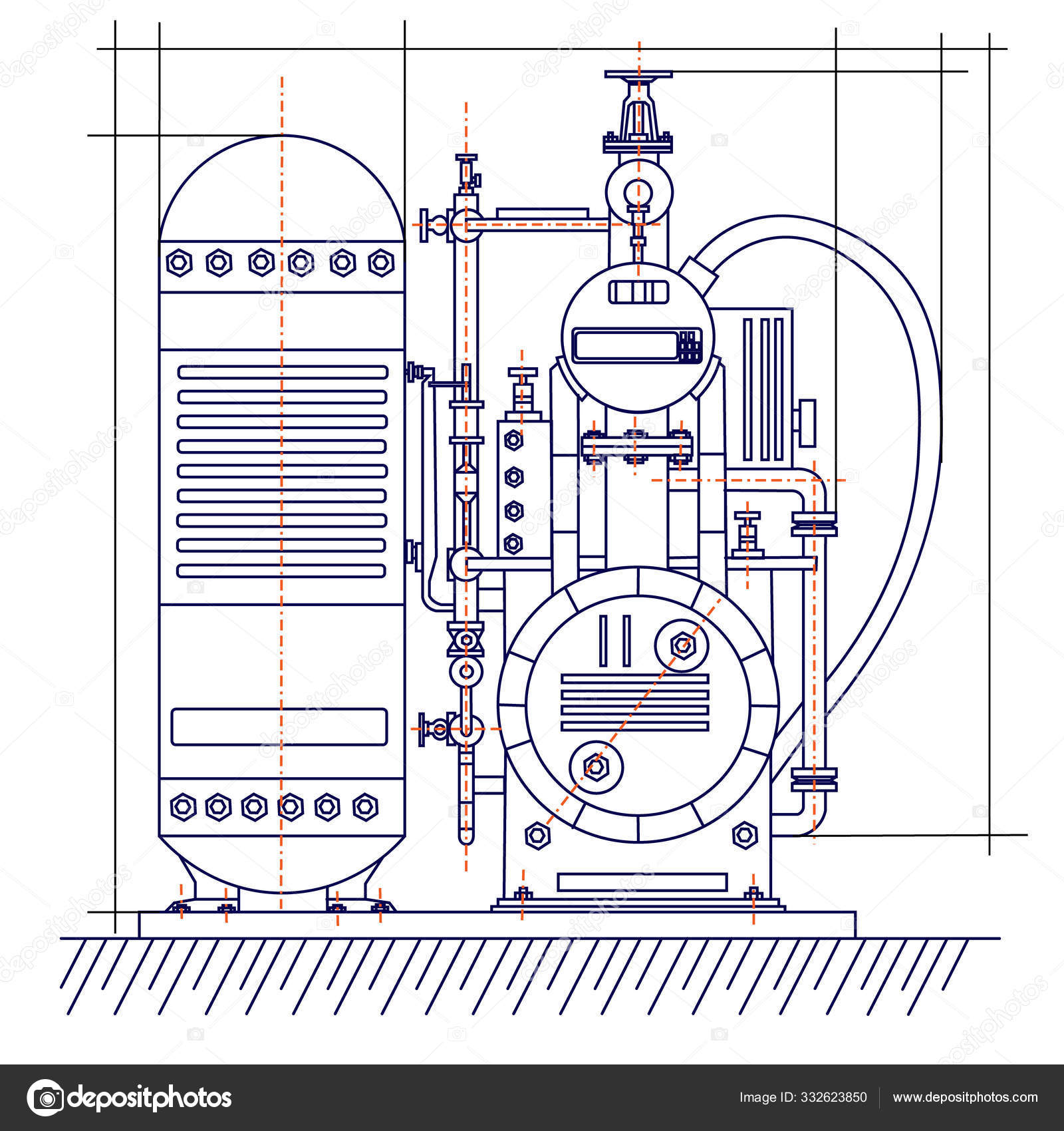 Smooth free technological drawing of the refrigeration unit. Drawing of