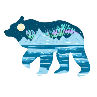 Grafik çizimi. Kutup gecesi göl manzarası, buz ve kuzey ışıkları. Tişörtler, siperler ve kapaklar için resim.