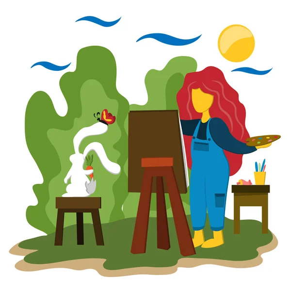 Девушка-художник рисует картину с кистью на мольберте. Иллюстрация в плоском стиле . — стоковый вектор