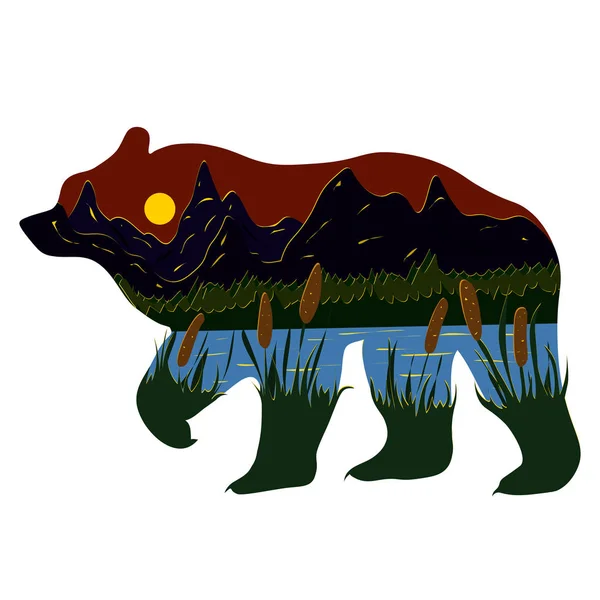 Ilustração gráfica na forma de uma silhueta de um urso e natureza dentro. Paisagem noturna do lago, montanhas e juncos. Ilustração para camisetas, trincheiras ou coberturas . —  Vetores de Stock