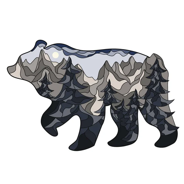 Ilustração gráfica na forma de uma silhueta de um urso e natureza dentro. Paisagem noturna do lago da lua, montanhas e abetos. Ilustração para camisetas, trincheiras ou coberturas . — Vetor de Stock