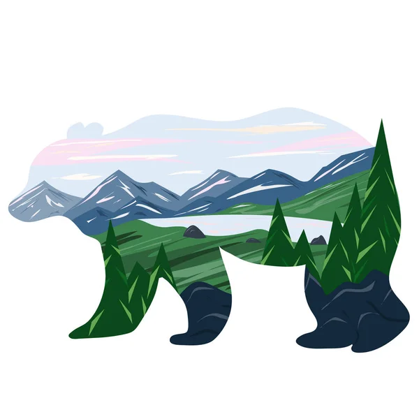 Illustration graphique en forme de silhouette d'un ours et de la nature à l'intérieur. Paysage de montagne avec lac et forêt. Illustration pour t-shirts, tranchées ou housses . — Image vectorielle