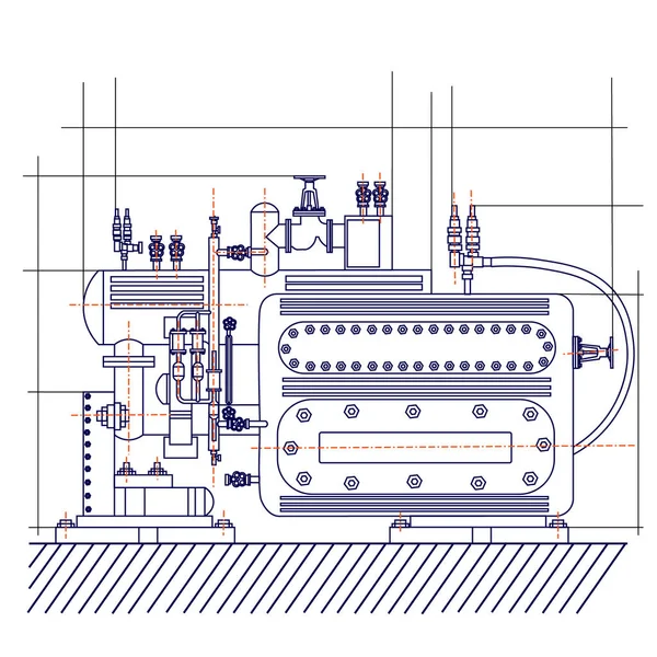 冷凍ユニットの滑らかな自由な技術図面。マシンの寒さの図面 — ストックベクタ
