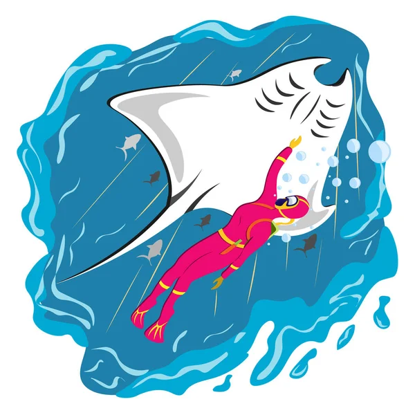 The girl scuba diver swims in the underwater world and touches the hand of the stingray. Illustration in flat style. — 스톡 벡터