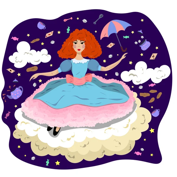 Dziewczyna w sukience na chmurze w stylu Alicji w Krainie Czarów — Wektor stockowy