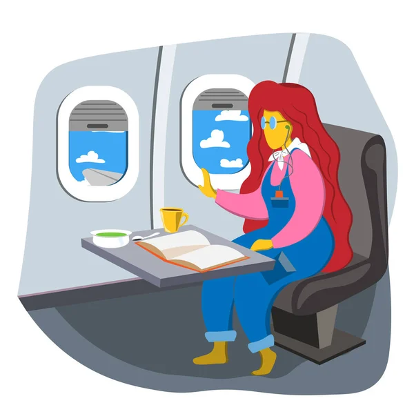 The girl sits in the cabin and looks out the window. The interior of the aircraft. Illustration in flat style.