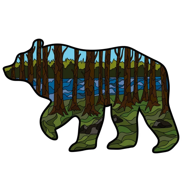 Illustrazione grafica sotto forma di silhouette di orso e natura all'interno. Paesaggio notturno del lago lunare, montagne e abeti. Illustrazione per t-shirt, trincee o copertine . — Vettoriale Stock