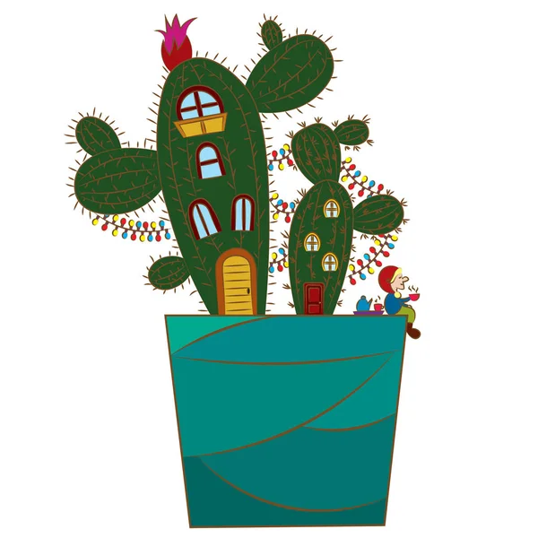 Huis voor een kabouter in een pot met een cactus — Stockvector