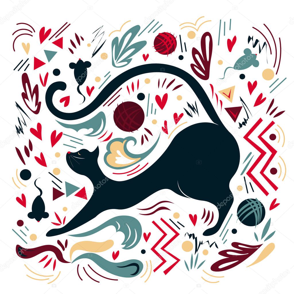 Graphic vector illustration with ornaments and symbols. Beautiful flexible black cat gently stretches.