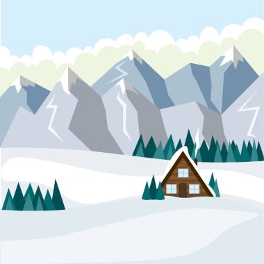 Kışın karlı dağların arka planına karşı gündüzleri rahat küçük bir ev. Çizim düz biçimli.