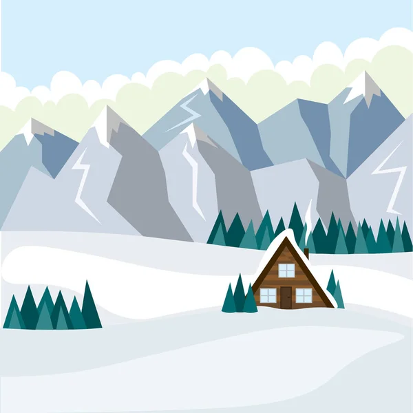 Acogedora casita durante el día con el telón de fondo de las montañas nevadas de invierno. Ilustración en estilo plano . — Archivo Imágenes Vectoriales