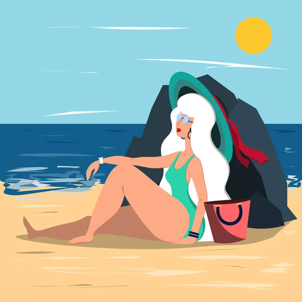 Όμορφη ξανθιά γυναίκα ξεκουράζεται στην παραλία μια ζεστή καλοκαιρινή μέρα. Εικονογράφηση σε επίπεδη στυλ. — Διανυσματικό Αρχείο