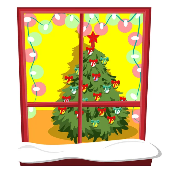 Dekorerad julgran och kransar i fönstret. Illustration i platt stil. — Stock vektor
