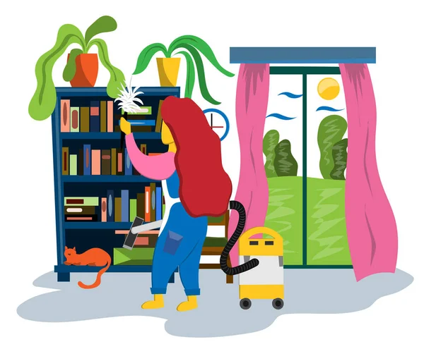 La chica con una aspiradora y una escoba se limpia en casa. Librería, ventana panorámica y silla. Ilustración en estilo plano . — Vector de stock