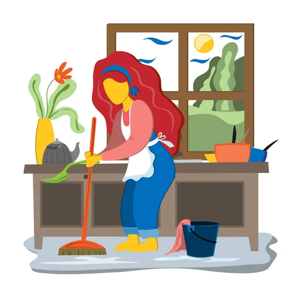 Jonge vrouw maakte het huis schoon in de keuken. Reinig de keuken voor reinheid. Illustratie in platte stijl. — Stockvector