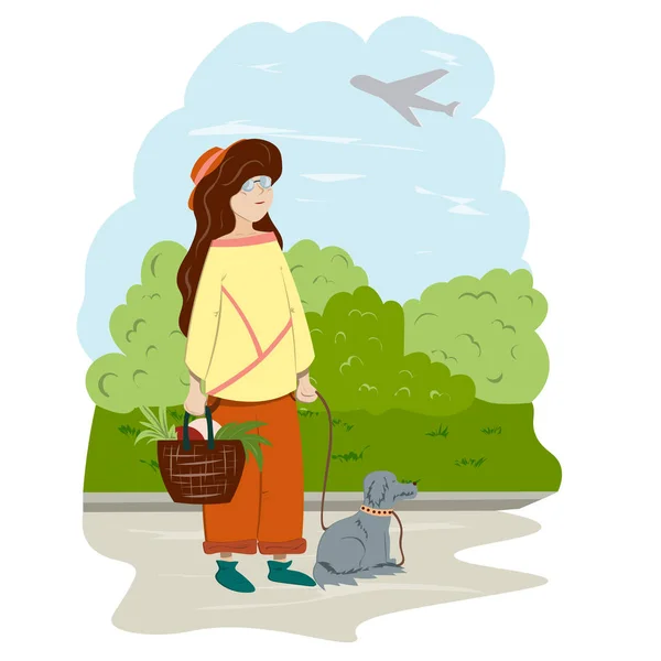 公園には犬のいる女の子が立っていて、飛行機が飛んでいるのを空を見ている。平型のイラスト. — ストックベクタ