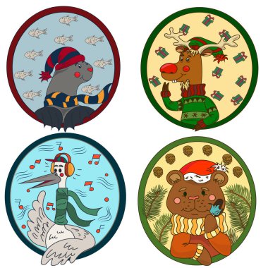 Yeni yıl temalı büyük bir hayvan ve kuş koleksiyonu..