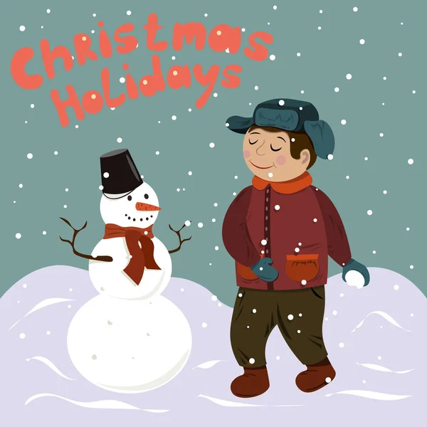 Colección de Navidad de invierno. El niño está de pie con un muñeco de nieve en un día de invierno nevado . — Vector de stock