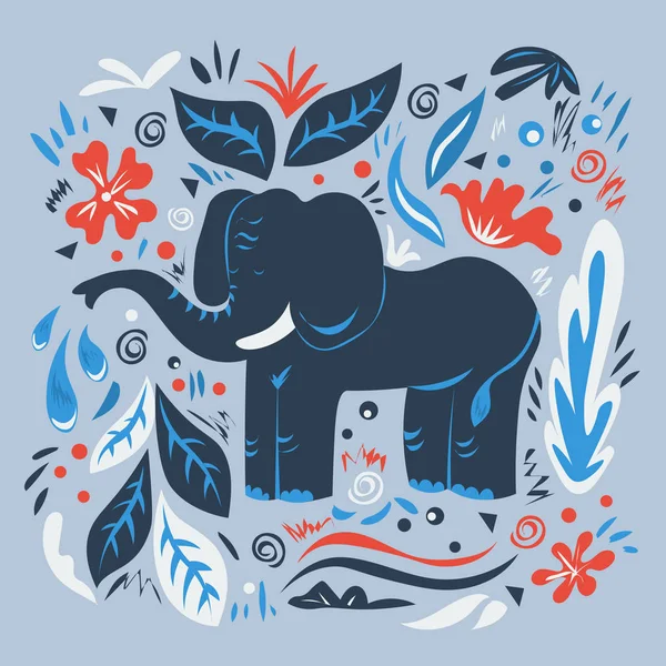 Illustration vectorielle graphique avec ornements et symboles. Grand éléphant avec une fontaine du tronc . — Image vectorielle