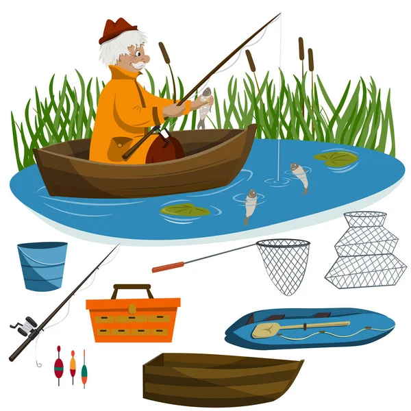Dospělý muž rybaří z lodi na jezeře. Různé rybářské potřeby a čluny. — Stockový vektor
