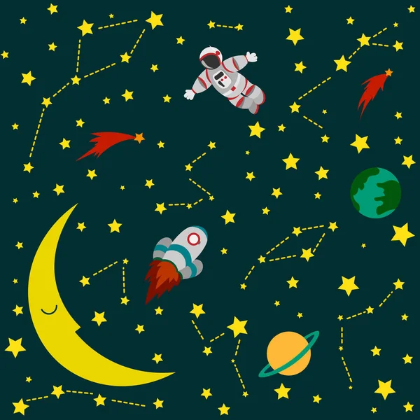 Astronaut och raket i yttre rymden bakgrund bild — Stock vektor