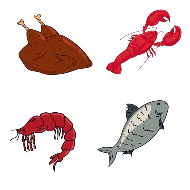 Et ve deniz ürünleri, ıstakoz, karides, balık ve tavuk. Beslenme eti