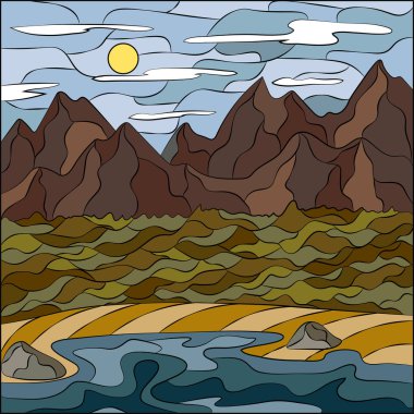 Deniz, dağ ve orman mozaiği tarzında bir manzara. Koyu tonların vektör doğası çizimi.