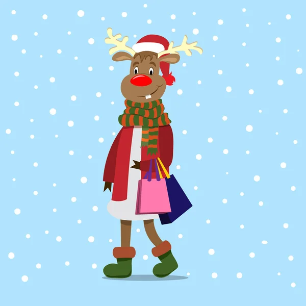 Alce alegre y lindo viene con compras y regalos para Navidad. Ilustración en estilo plano . — Vector de stock