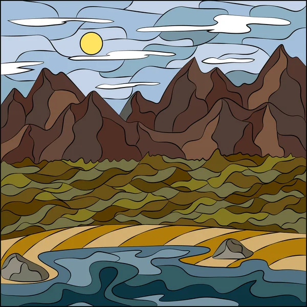 Het landschap in de stijl van een mozaïek van zee, bergen en bos. Vector natuur illustratie van donkere tinten. — Stockvector