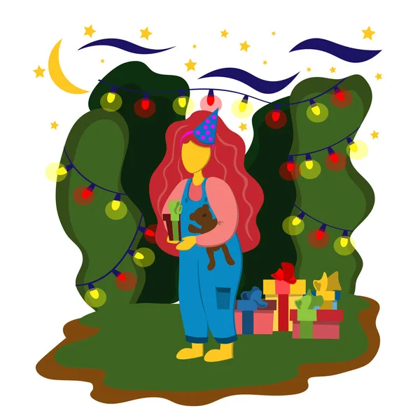 Girl with gifts and toys goes on holiday. Decorated garden with garlands and gifts. Illustration in flat style — Stock vektor