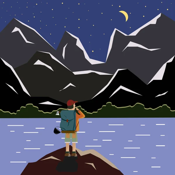 Paesaggio di montagna con un lago di notte. naturalista viaggiatore — Vettoriale Stock